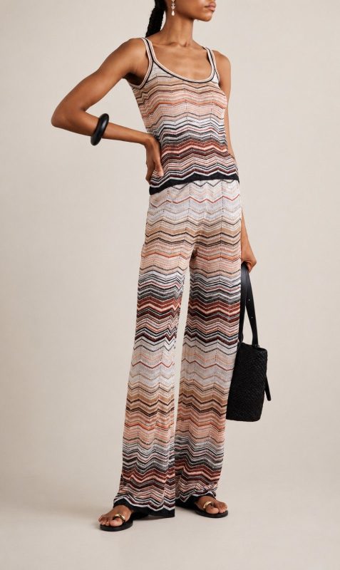 Missoni Sequin Embellished Multicolored Zigzag Pattern Tank Top And Wide Leg Trousers