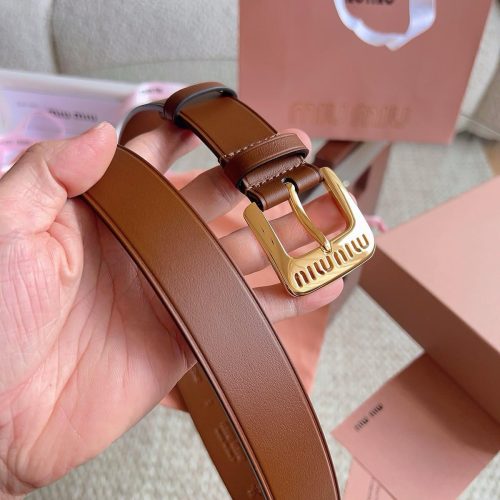Miu Miu Brown Nappa Leather Logo Engraved Buckle Belt