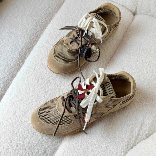 Miu Miu Gymnasium Mesh And Suede Sneakers In Beige