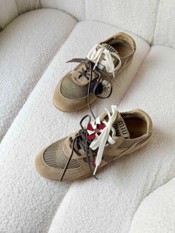 Miu Miu Gymnasium Mesh And Suede Sneakers In Beige