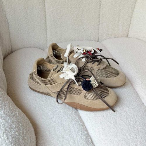 Miu Miu Gymnasium Mesh And Suede Sneakers In Beige