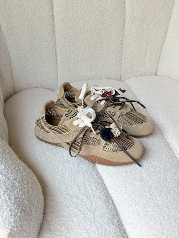 Miu Miu Gymnasium Mesh And Suede Sneakers In Beige