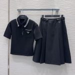 Prada Black Polo Knit Top & Pleated Midi Skirt Set
