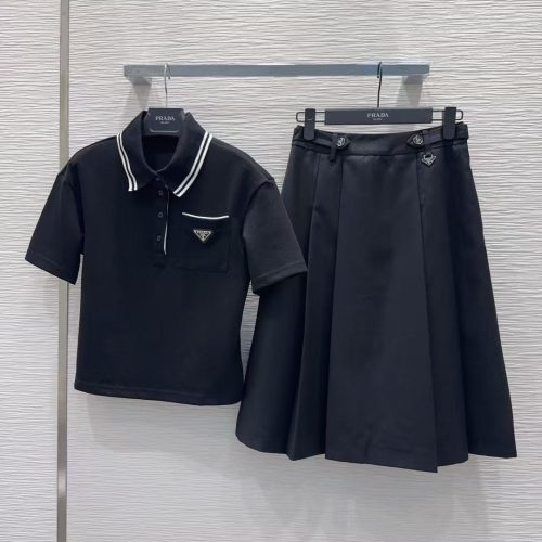 Prada Black Polo Knit Top & Pleated Midi Skirt Set
