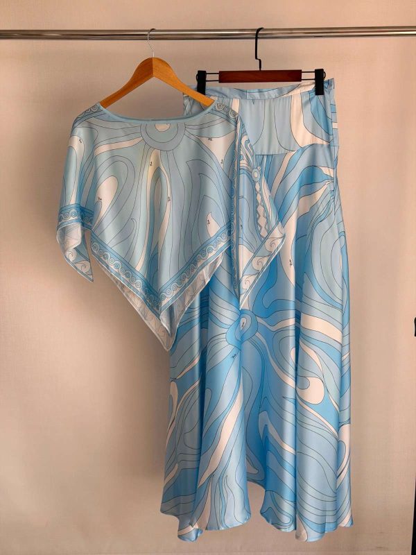 Pucci Marmo Blue Silk Twill Printed Top & Wide-Leg Pants Set