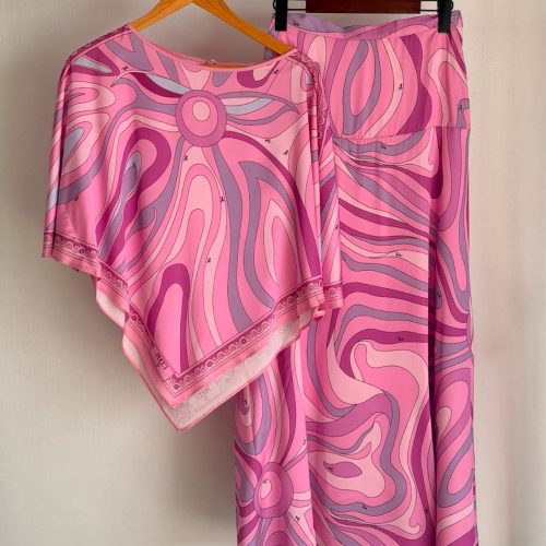 Pucci Pink Silk Twill Abstract Print Top & Wide-Leg Pants Set