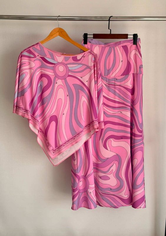 Pucci Pink Silk Twill Abstract Print Top & Wide-Leg Pants Set