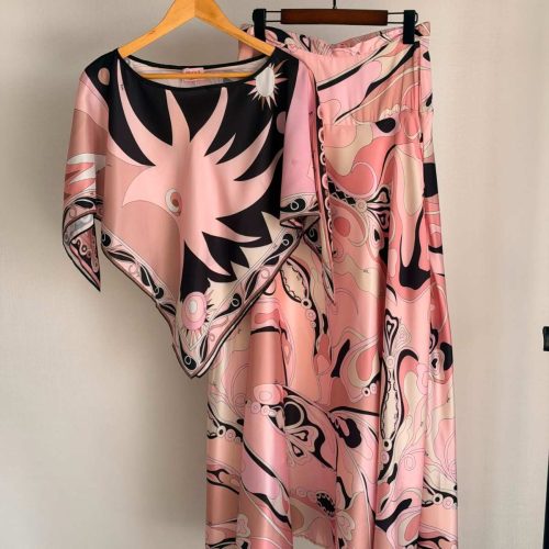Pucci Stella Pink Silk Twill Print Top & Wide-Leg Pants Set
