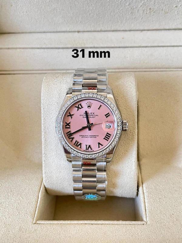 Rolex Datejust 31 White Gold Diamond Bezel Pink Roman Dial President Ladies Watch