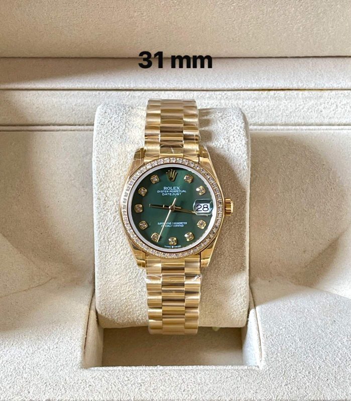 Rolex Datejust 31MM Olive Green Mother Of Pearl Diamond Dial Yellow Gold President Watch