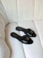 Saint Laurent Babylone Black Leather Slides Gold Cassandre YSL Logo