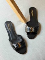 Saint Laurent Babylone Black Leather Slides Gold Cassandre YSL Logo