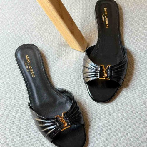Saint Laurent Babylone Black Leather Slides Gold Cassandre YSL Logo
