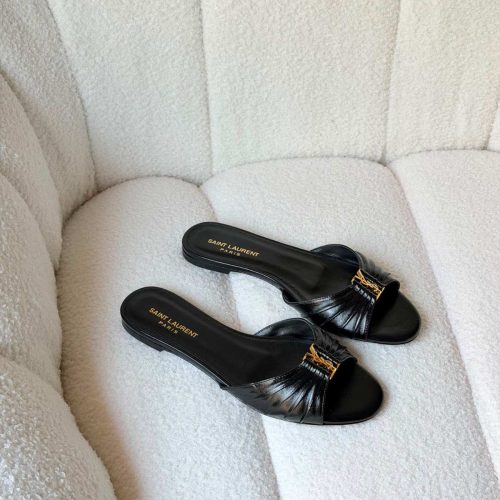 Saint Laurent Babylone Black Leather Slides Gold Cassandre YSL Logo