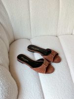Saint Laurent Babylone Brown Suede Leather Slides Gold Cassandre YSL Logo