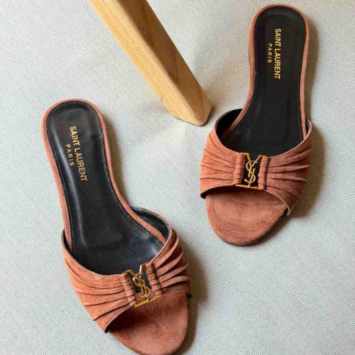 Saint Laurent Babylone Brown Suede Leather Slides Gold Cassandre YSL Logo