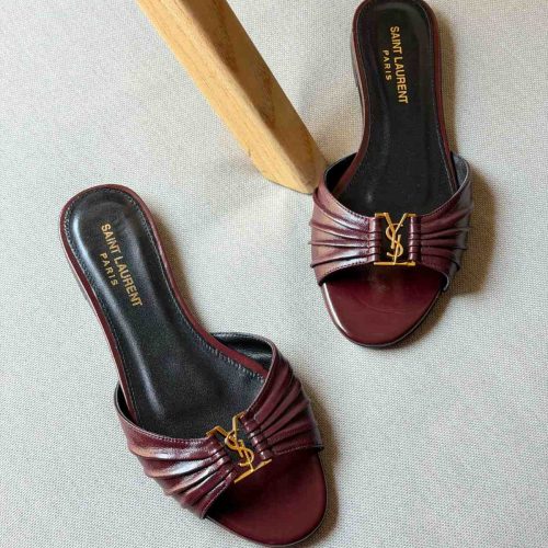 Saint Laurent Babylone Burgundy Leather Slides Gold Cassandre YSL Logo