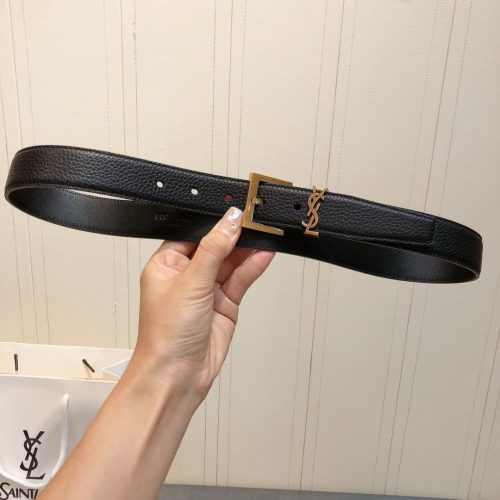 Saint Laurent Cassandre Black Grained Leather YSL Logo Belt