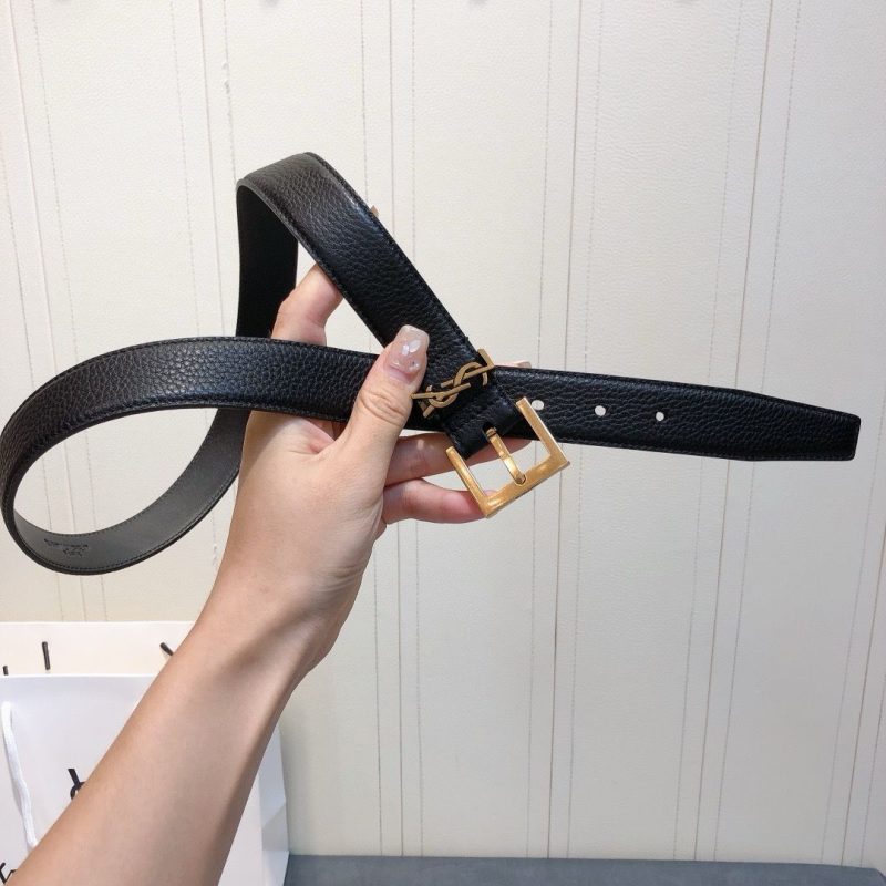 Saint Laurent Cassandre Black Grained Leather YSL Logo Belt