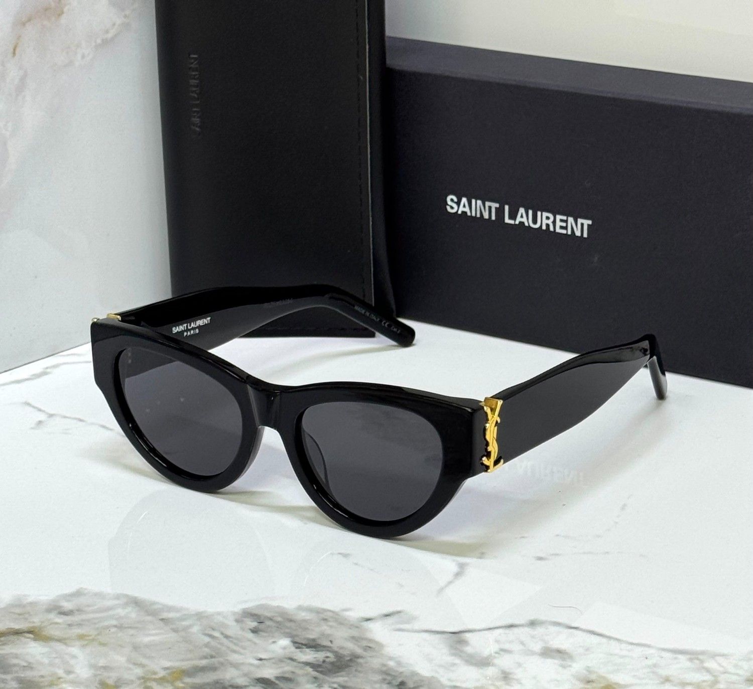 Saint Laurent SL M94 Black Acetate Cat-Eye Gold YSL Logo Sunglasses Saint Laurent SL M94 Black Acetate Cat-Eye Gold YSL Logo Sunglasses