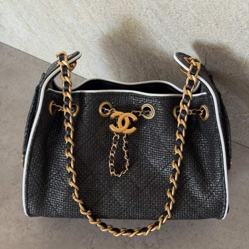 Chanel 25 Small Handbags Black Braided Raffia Calfskin & Gold-Tone