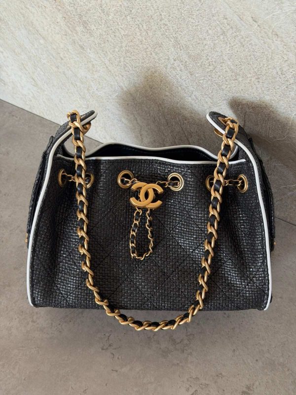 Chanel 25 Small Handbags Black Braided Raffia Calfskin & Gold-Tone