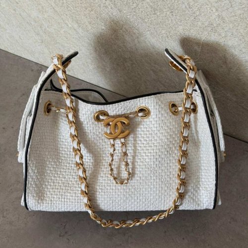 Chanel 25 Small Handbags White Braided Raffia Calfskin & Gold-Tone