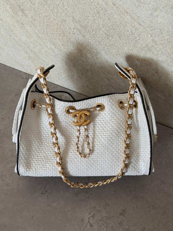 Chanel 25 Small Handbags White Braided Raffia Calfskin & Gold-Tone
