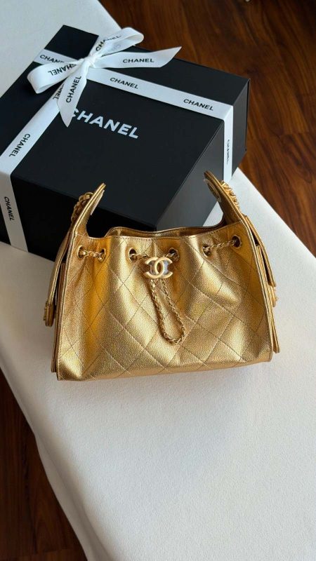 Chanel 25 Small Hobo Bag Gold Metallic Caviar Leather