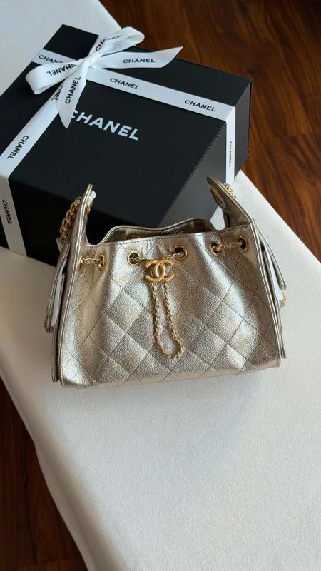 Chanel 25 Small Hobo Bag Light Gold Caviar Leather