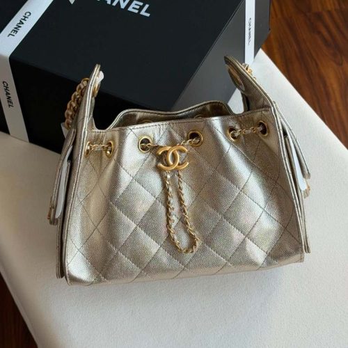 Chanel 25 Small Hobo Bag Light Gold Caviar Leather