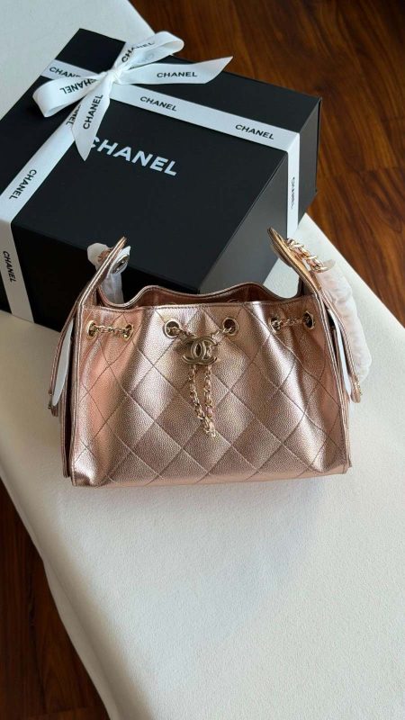 Chanel 25 Small Hobo Bag Rose Gold Metallic Caviar Leather