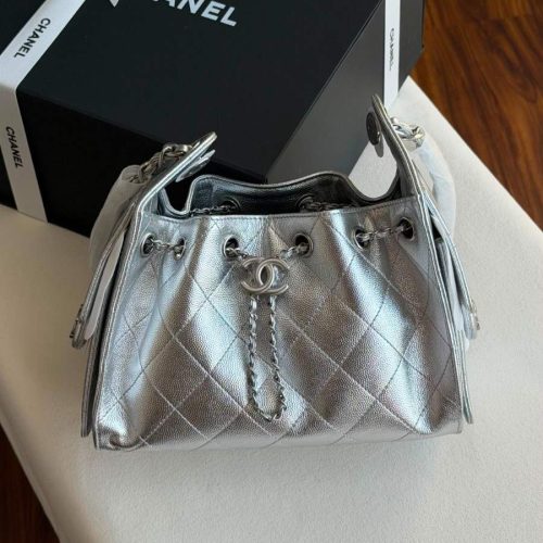 Chanel 25 Small Hobo Bag Silver Metallic Caviar Leather