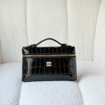 Chanel Black Top Handle Slim Vanity Calfskin Crocodile Embossed