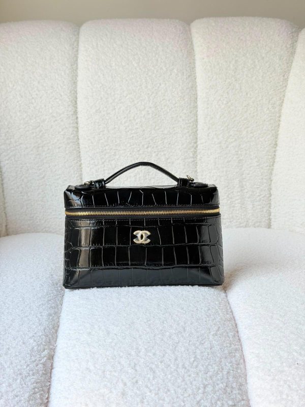 Chanel Black Top Handle Slim Vanity Calfskin Crocodile Embossed
