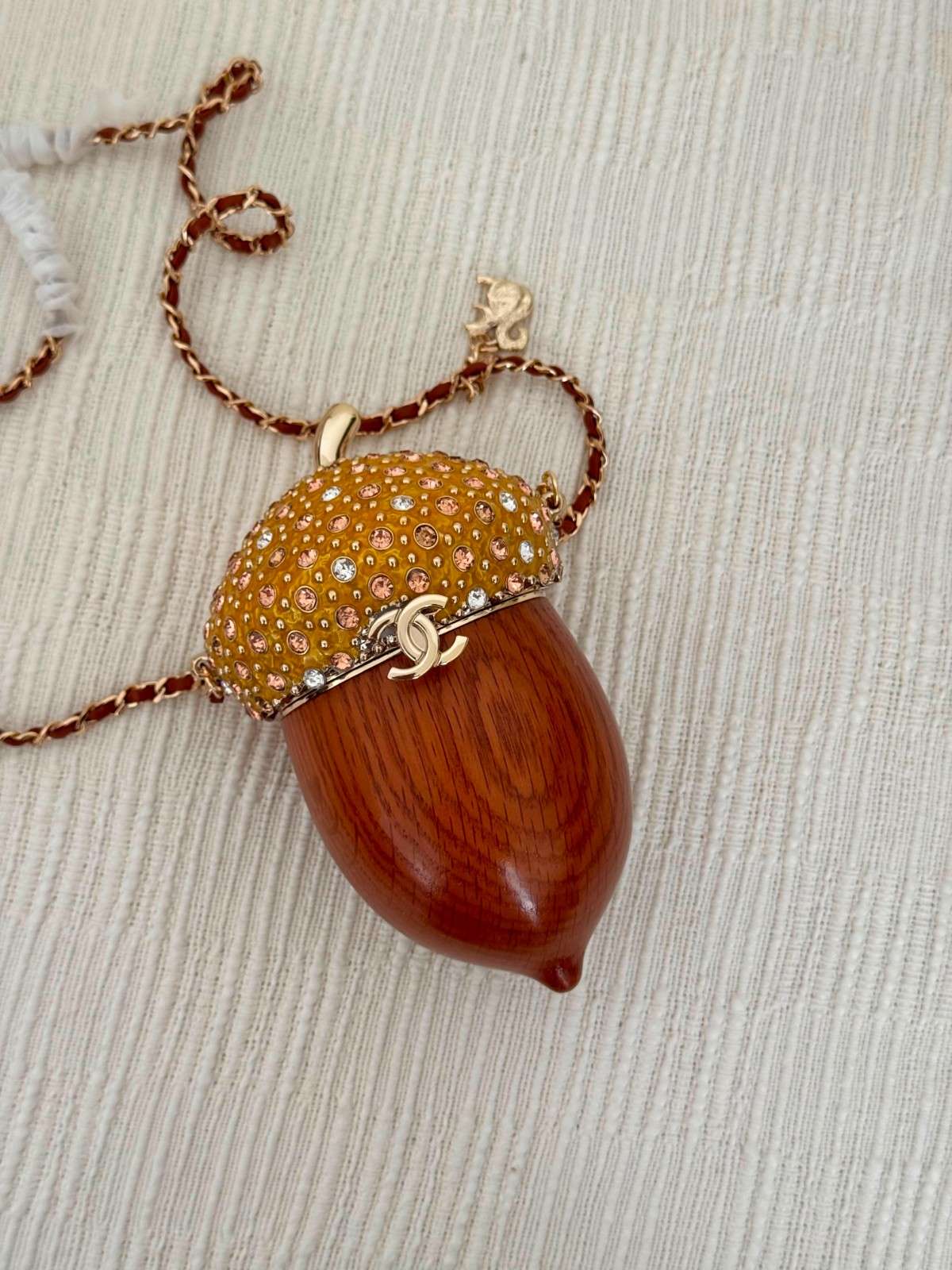 Chanel Brown Wood Acorn Minaudiere Gold Tone Metal Crystal Evening Bag Chanel Brown Wood Acorn Minaudiere Gold Tone Metal Crystal Evening Bag