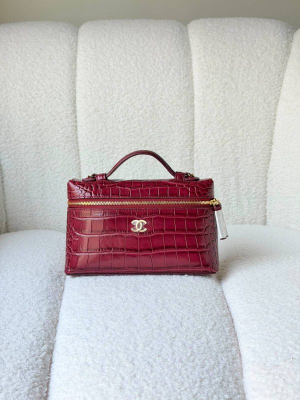 Chanel Burgundy Top Handle Slim Vanity Calfskin Crocodile Embossed