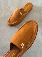 Chanel CC Logo Suede Calfskin Mules In Beige