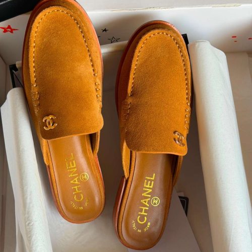 Chanel CC Logo Suede Calfskin Mules In Beige