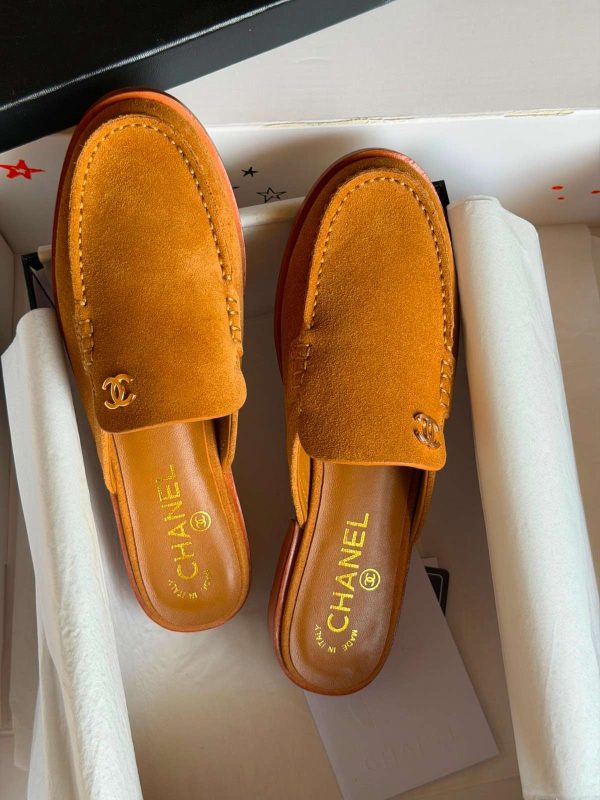 Chanel CC Logo Suede Calfskin Mules In Beige
