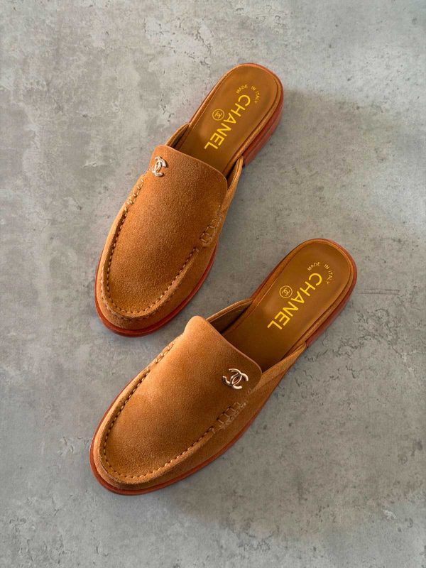 Chanel CC Logo Suede Calfskin Mules In Beige