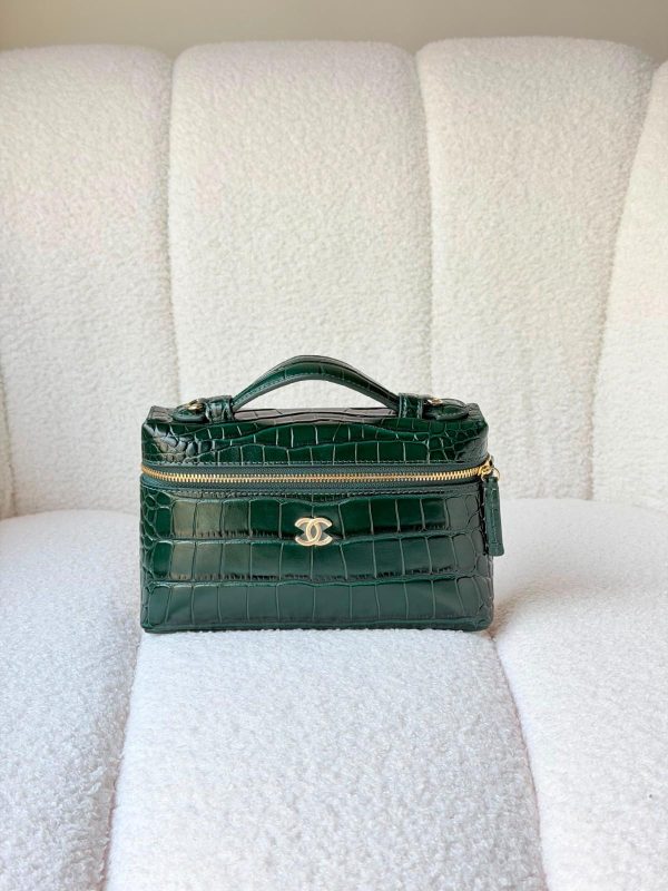 Chanel Green Top Handle Slim Vanity Calfskin Crocodile Embossed