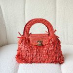 Chanel Raffia Fringe Mini Kelly Clay Red Top Handle Bag