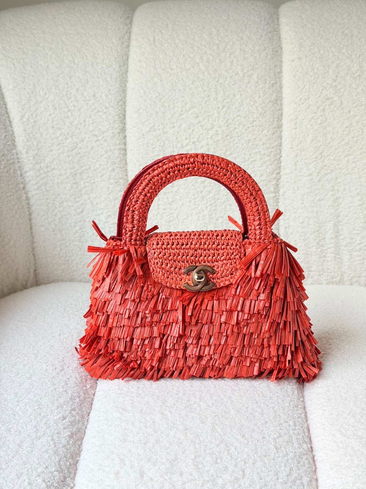 Chanel Raffia Fringe Mini Kelly Clay Red Top Handle Bag Chanel Raffia Fringe Mini Kelly Clay Red Top Handle Bag