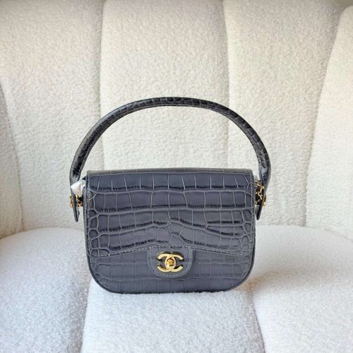 Chanel Turn Around Mini Flap Dark Grey Crocodile Embossed Leather Bag