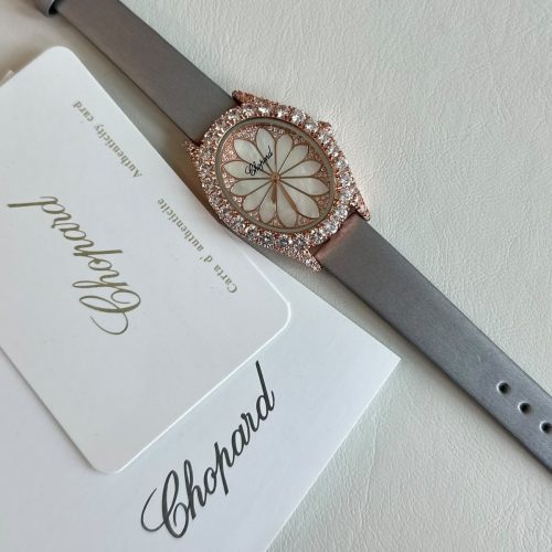 Chopard L’Heure Du Diamant Rose Gold Floral Diamond Grey Leather Watch