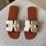 Hermes Oran Beige Fringed Linen Canvas Fabric Flat Sandals