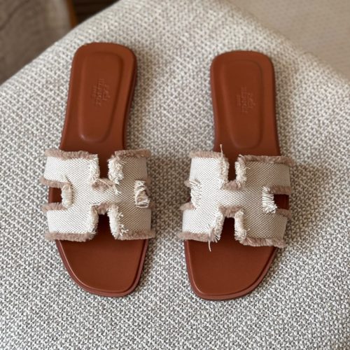 Hermes Oran Beige Fringed Linen Canvas Fabric Flat Sandals