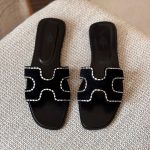 Hermes Oran Black Crystal Embellished Leather Flat Sandals