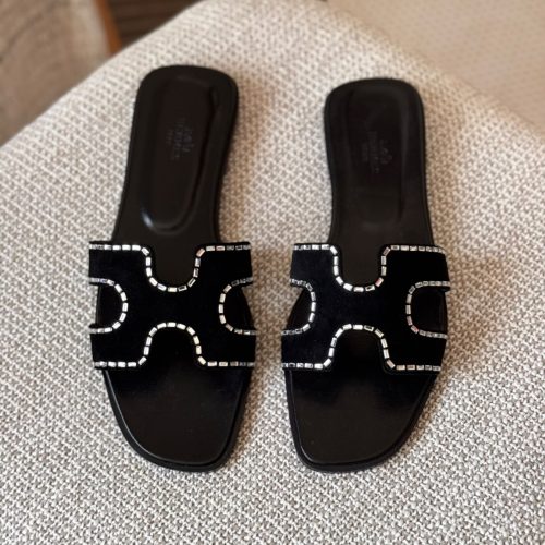 Hermes Oran Black Crystal Embellished Leather Flat Sandals